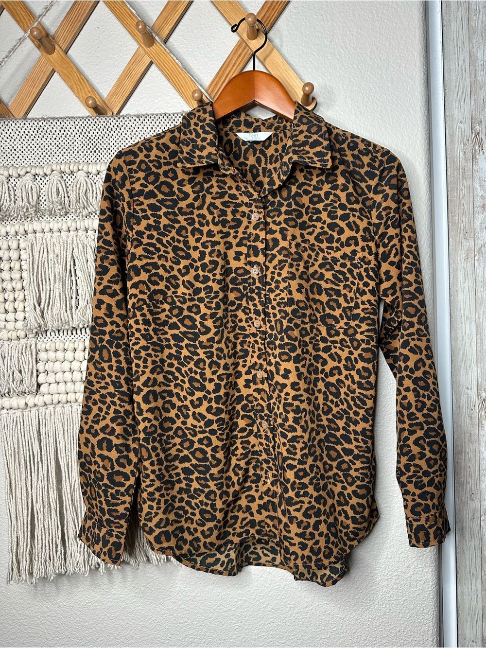 Time and Tru Brown and Black Leopard Print Button-Up Blouse